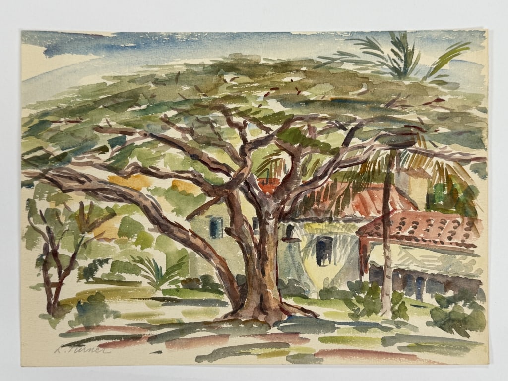 L. Turner (20th c.) Watercolor/Paper: L. Turner (20th c.) watercolor on paper "Tree and Buildings". Signed lower left. In good condition. Measures 10" x 14" 1A