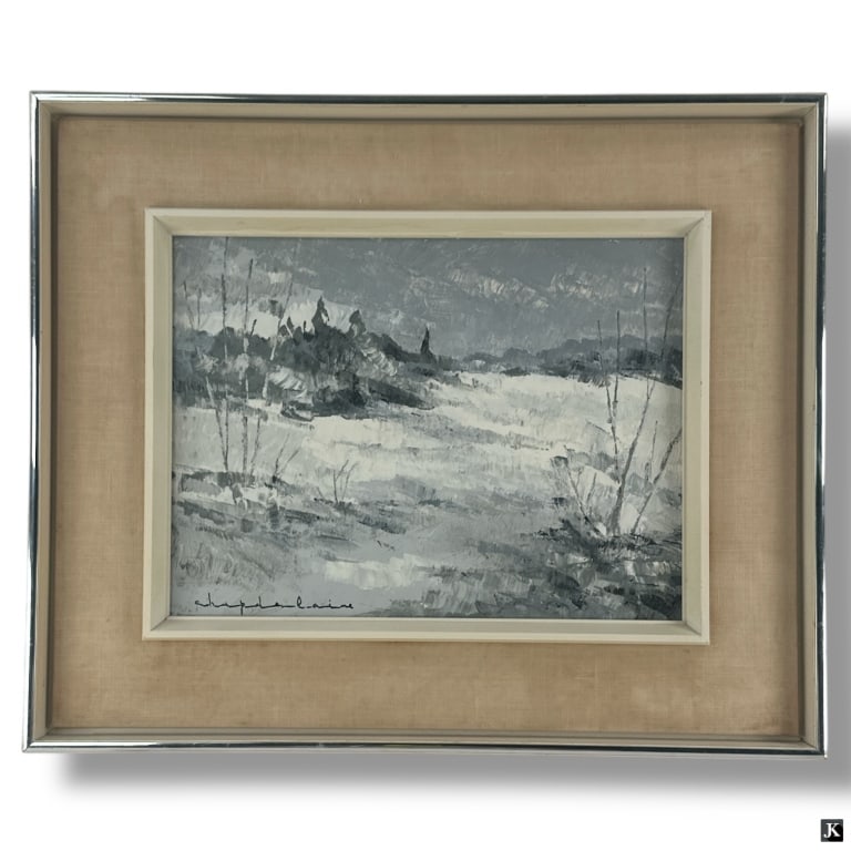 Artist Unknown Oil/Board: Artist Unknown oil on board "Snowy Landscape".Signed Chapdelaine lower left. Inscribed verso. Good condition. Work measures 12" x 16" Frame measures 19-5/8" x 23-5/8". 33307 18A