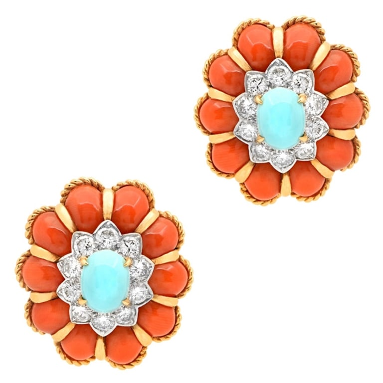 18k Coral and Turquoise Stud Earrings: 18k Coral and Turquoise Stud Earrings -V51388 A striking fusion of color and craftsmanship, these 18k white and yellow gold coral and turquoise stud earrings embody bold elegance and exceptional artis