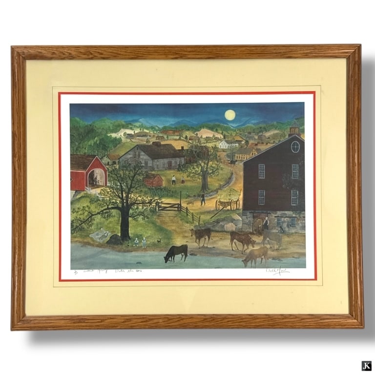 Will Moses (b. 1956) Signed Lithograph: Will Moses, American (Born 1956) Son of Grandma Moses. Color lithograph "Water The Cows". Pencil signed and numbered Artists Proof 3/50. Framed, matted and presented under a glass screen. Good conditi