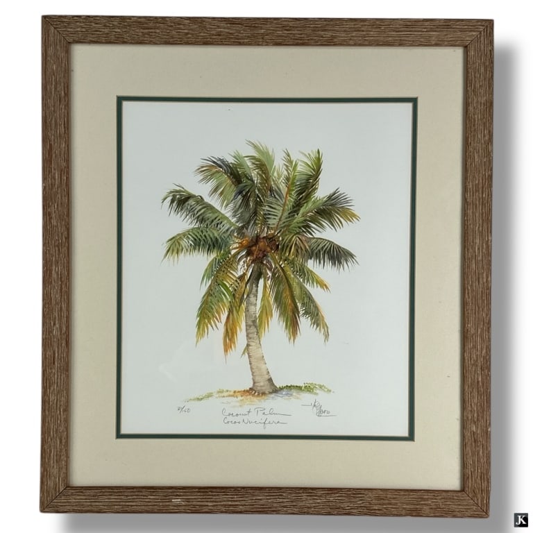 Decorative Color Lithograph "Coconut Palm": Decorative color lithograph titled Coconut Palm, pencil signed and numbered 31/150. Nicely framed and presented behind glass screen.Good condition.Measures 17" H x 15" W (sight) Frame measures 25 1/4"
