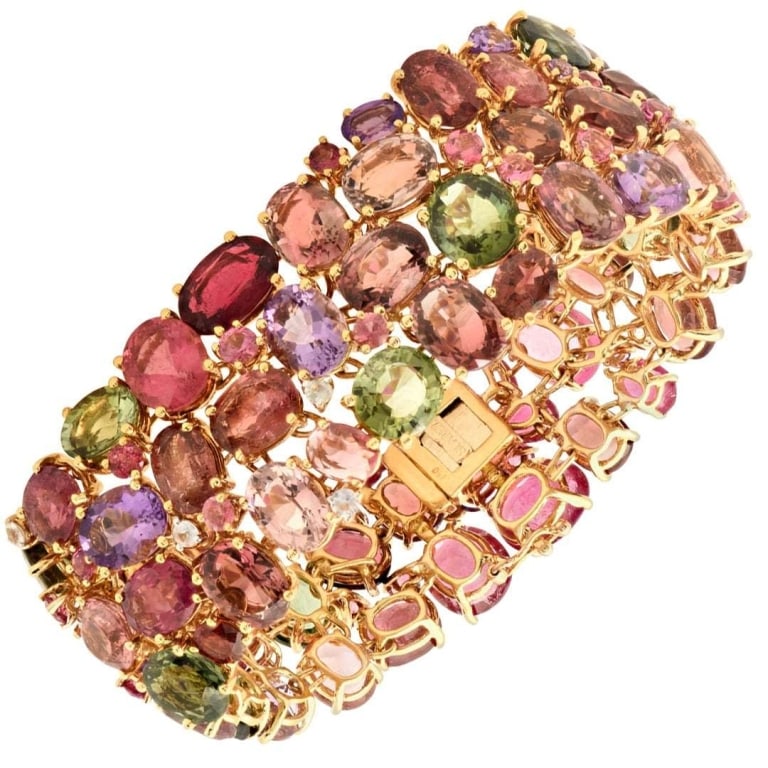 18k Yellow Gold Color Gemstone Bracelet: 18k Yellow Gold Color Gemstone Bracelet -V51447 Vibrant, bold, and beautifully expressive, this 18k yellow gold mixed gemstone bracelet is a celebration of color and craftsmanship. Showcasing an