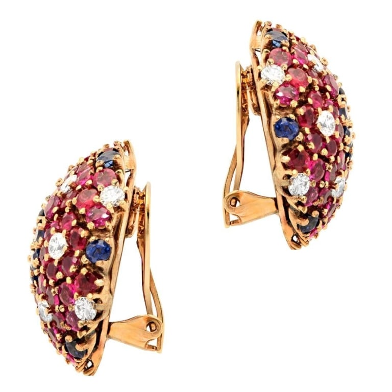 Ruby, Sapphire and Diamond Earrings: Ruby, Sapphire and Diamond Earrings - V51392 A captivating symphony of color and brilliance, these ruby, sapphire, and diamond earrings are a striking expression of luxury and refined craftsmanship. D