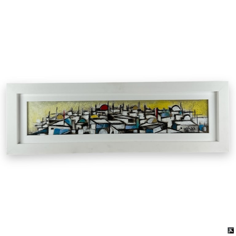 David Schluss (b. 1943) Signed Serigraph: David Schluss, Israel (b. 1943) Serigraph "Holy City". Signed, numbered 15/99, label verso: Blue Gallery. Excellent condition. Measures 5" x 26", frame measures 10" x 31-1/2". 29467 19B