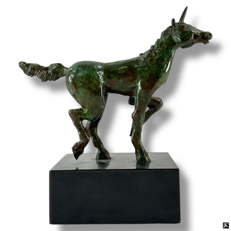 Modernist Patinated Bronze Sculpture: Modernist Patinated Bronze "Unicorn" Sculpture on Base. No visible signature. Good condition. Measures 8-1/2" H x 8-1/2" L x 4" overall. 31085 20A