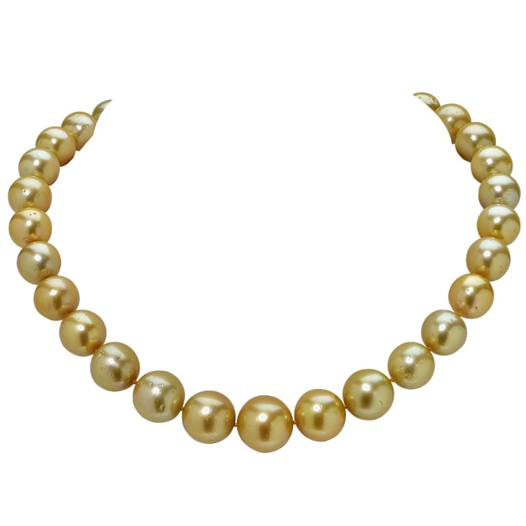 Gold South Sea Pearl Necklace 14K Gold Clasp: 12-16MM Gold South Sea Pearl Necklace With 14K Yellow Gold Clasp - Elegant Luxury Jewelry SKU: 7239 Experience the elegance and opulence of our stunning 12-16MM Gold South Sea Pearl Necklace, this exq