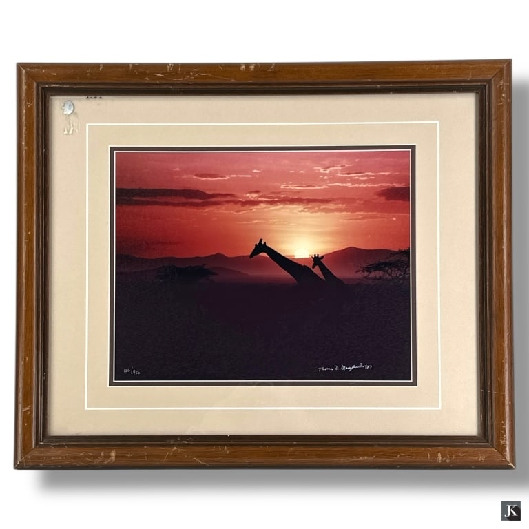 Thomas D. Mangelsen (b.1945) Color Photo Print: Thomas D. Mangelsen (American, b. 1945) Color Photo Print "Giraffes at Sunset". Signed, dated 1987 and numbered 126/950. Framed, matted and under glass. Frame with multiple scratches or in good condit