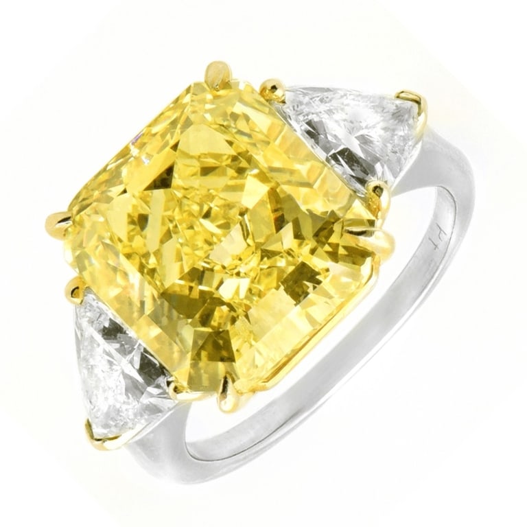 GIA 9.02 Carat Fancy Intense Yellow Diamond Ring: GIA 9.02 Carat Fancy Intense Yellow Radiant Cut Diamond Ring in Platinum & 18K Yellow Gold- V51320 A magnificent expression of rarity and brilliance, this GIA-certified Fancy Intense Yellow diamond ri