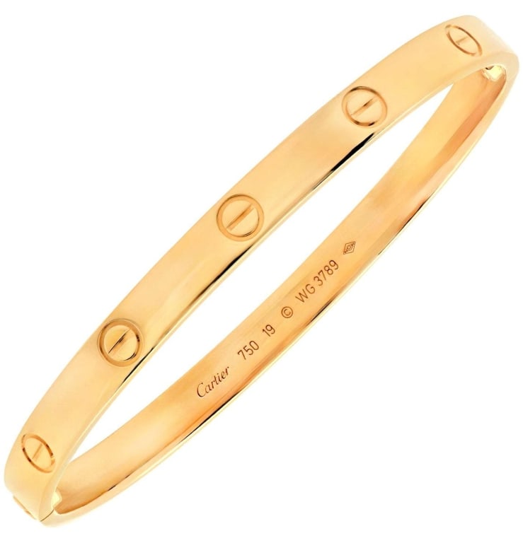 18k Yellow Gold Cartier Love Bracelet: 18k Yellow Gold Cartier Love Bracelet -V48671-1 An enduring emblem of love and commitment, the Cartier Love Bracelet is one of the most iconic designs in modern jewelry history. Crafted in rich 18k ye