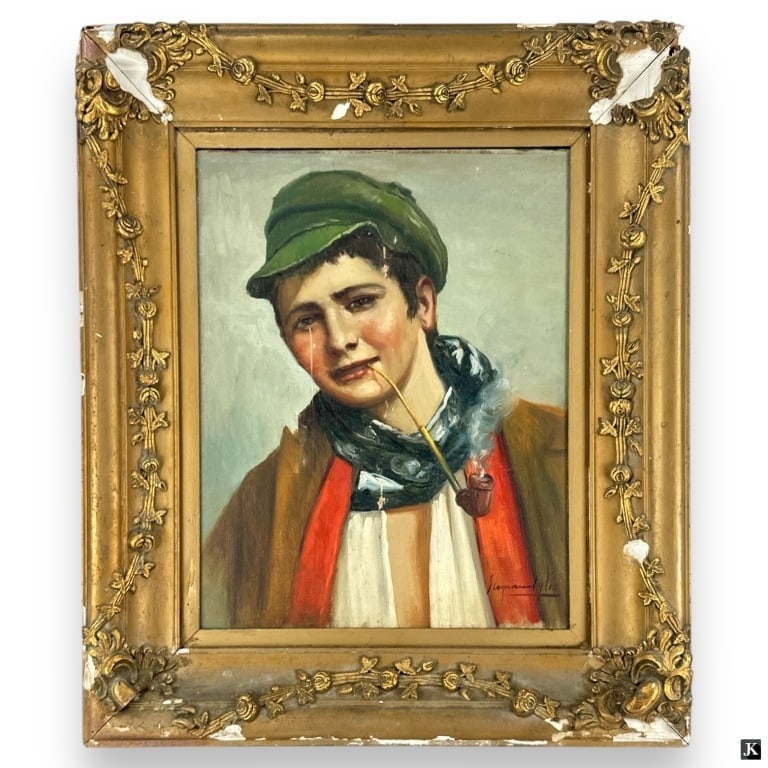 1910 Italian School Oil/Board "Boy Smoking Pipe": 1910 Italian School O/B "Boy Smoking Pipe". Signed and dated lower right. Some wear on the work, and damage on frame, otherwise in good condition. Measures 18" x 14-1/2", frame measures 26" x 22". 307