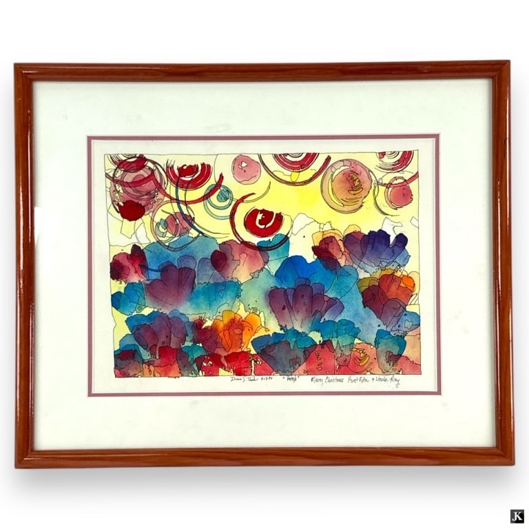 Diane S. Thaler Watercolor/Ink/Paper: Decorative Framed Watercolor & Ink. Signed and dated Diane S. Thaler 8.17.90. Inscribed. Good condition. Measures 13" x 16-1/2" overall including frame. 29655 8A