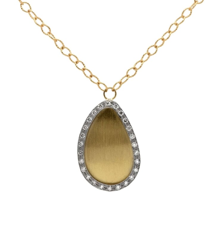 14k White & Gold Diamond Teardrop Pendant Necklace: 14k White and Yellow Gold Diamond Teardrop Pendant Necklace - V49413 Understated and radiant, this diamond teardrop pendant necklace is a quiet show of elegance. Crafted from a sophisticated blend of