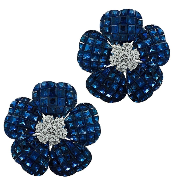 Sapphire And Diamond Flower Earrings: Sapphire And Diamond Flower Earrings -V31974-1 SKU: 31974-1 A vibrant celebration of color and craftsmanship, these Sapphire and Diamond Flower Earrings embody the essence of refined femininity and