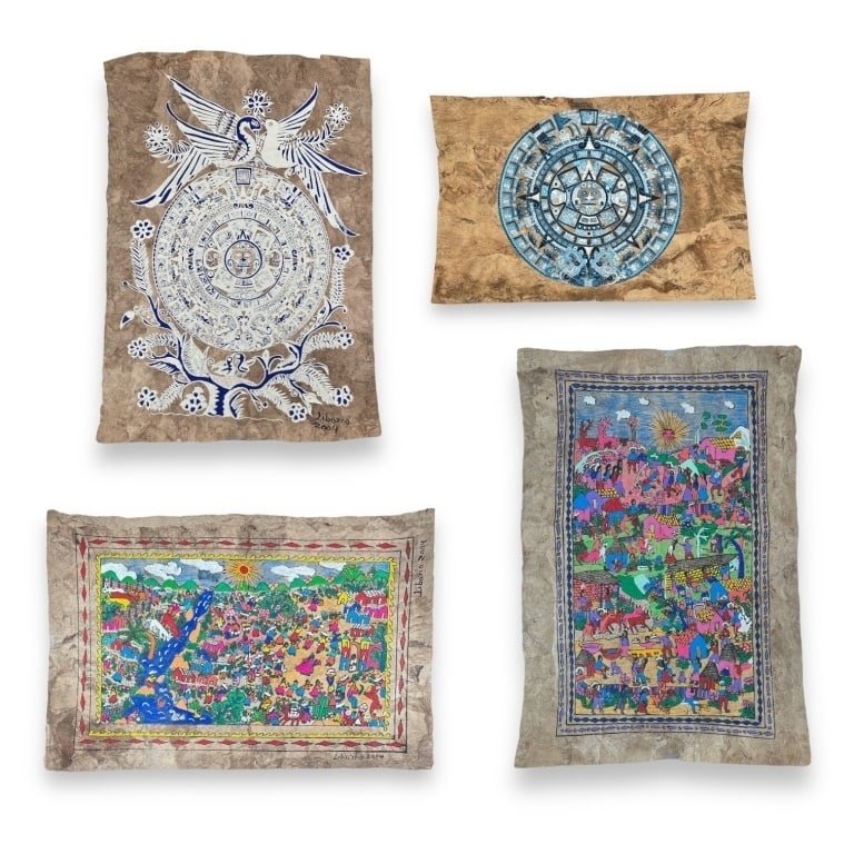 4 Central American Oil Paintings On Paper: A lot of four Central American oil paintings on paper. Two are depicting busy village scenes and one signed "Liborio" and dated 2004. The other two depicting the Mayan Calendar, one also signed and