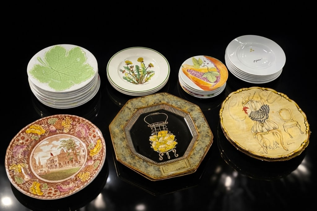 Misc China Lot, Plates: 8 Galvani Ceramich Plates. Leaf Design 7 1/2 inches 6 Limoges France Philippe Deshoulieres, France Leaf Plates. 6 inches diameter 2 Tamsan design plates. Measures 11 1/2 inches 2 K.White Rooster 9 1/2
