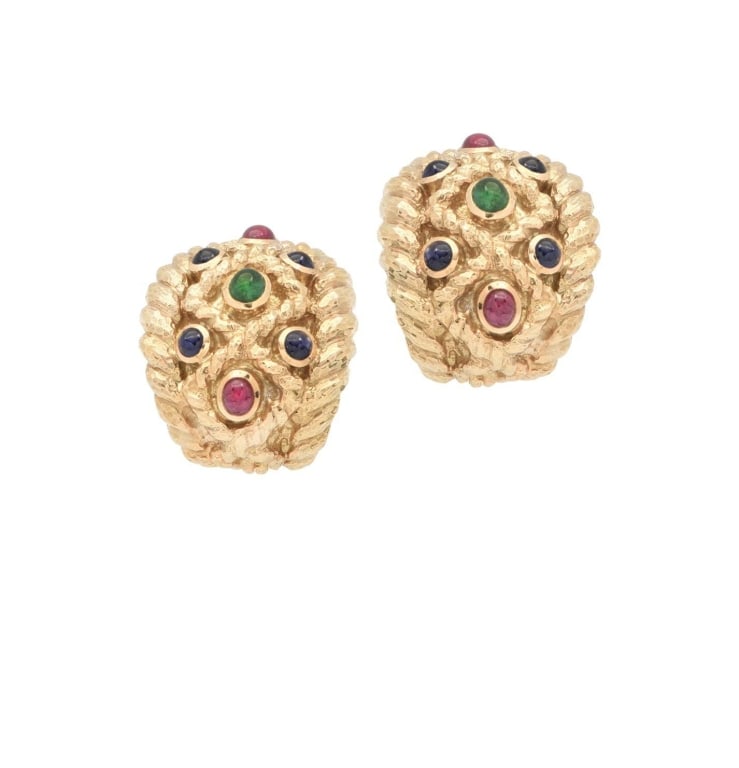 David Webb 18K Gold Earrings: David Webb 18K Gold Sapphire, Emerald & Ruby Cabochon Earrings - 1.33" Luxury Jewelry SKU: 48553 Discover the exquisite elegance of the David Webb Sapphire, Emerald, and Ruby Cabochon Earrings, an emb