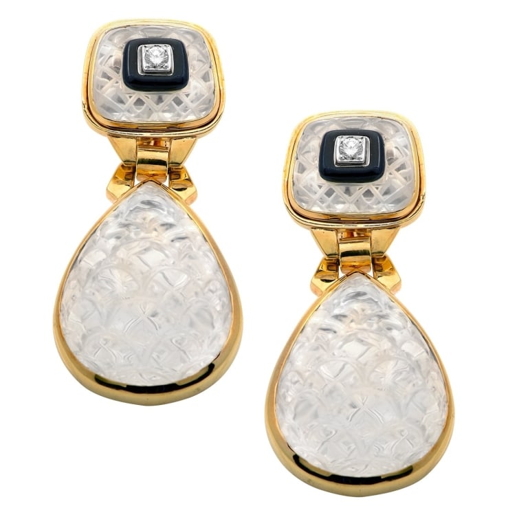 David Webb 18K Dangle Earrings with Diamonds: David Webb 18K Yellow Gold & Platinum Rock Crystal Dangle Earrings with Diamonds - V48549 SKU: 48549 Experience the artistry of fine jewelry with the exquisite David Webb Rock Crystal Dangle Earrings.