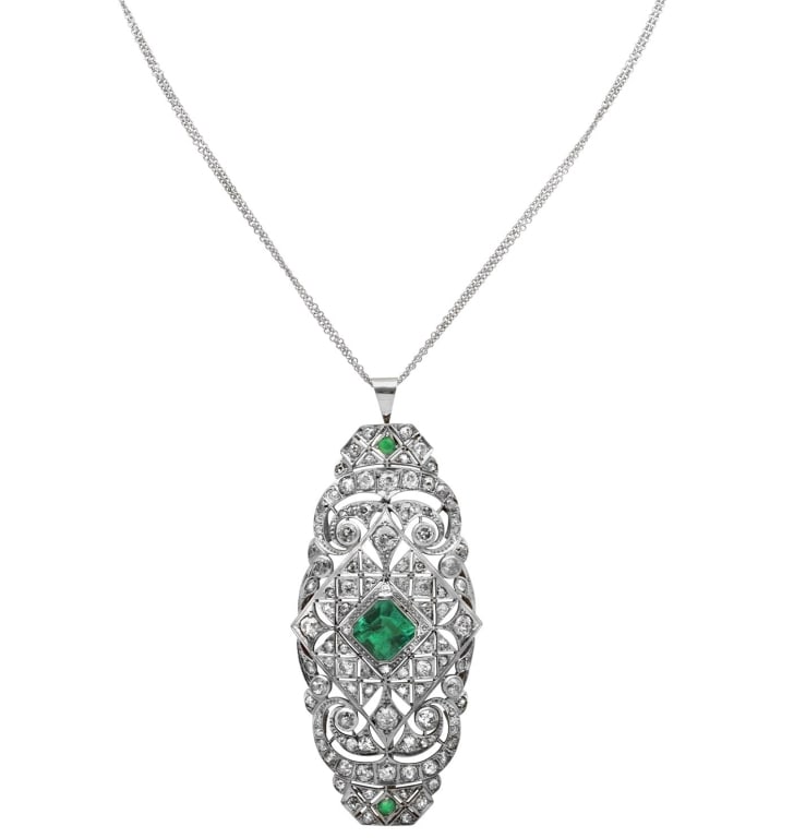 Emerald & Diamond Necklace in 18k Gold: Emerald & Diamond Filigree Necklace in 18k White & Yellow Gold – V49636-1 SKU: 49636-1 A breathtaking fusion of artistry and elegance, this necklace captures timeless sophistication through