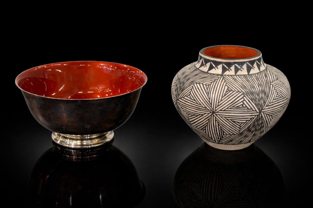 Acoma Frances Concho Ceramic Vase: Acoma Frances Concho Ceramic Vase. Measures 4 1/2 inches high. Silverplate Reed & Barton Silver Plate.