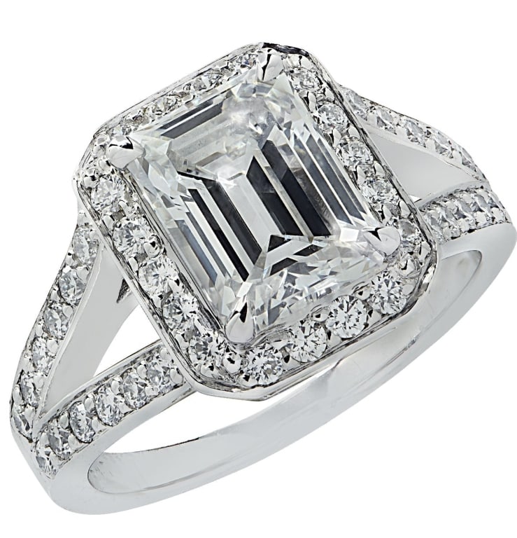 GIA Certified 2.14 Carat Diamond Engagement Ring: GIA Certified 2.14 Carat Diamond Halo Engagement Ring -V41145-1 SKU: 41145-1 A captivating display of brilliance and elegance, this platinum engagement ring centers around a 2.14-carat emerald-cut