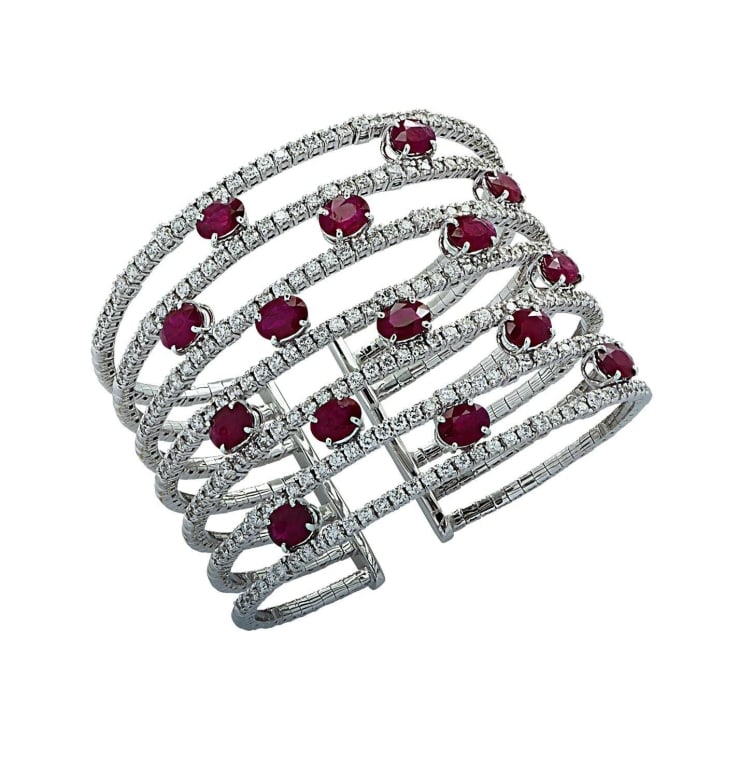 Diamond & Ruby Cuff Bangle Bracelet | 18K Gold: Diamond & Ruby Cuff Bangle Bracelet | 18K White Gold - V38414 SKU: 38414-1 A striking expression of color and craftsmanship, this Diamond and Ruby Cuff Bangle Bracelet in 18k white gold embodies