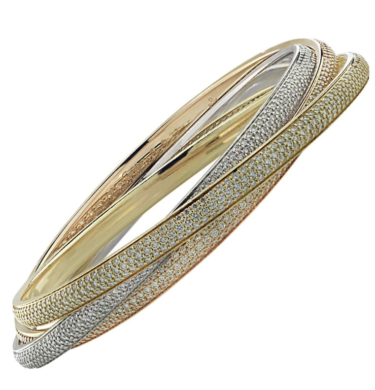 Cartier Trinity 18K Gold Diamond Bracelet: Cartier Trinity 18K Yellow, Rose and White Gold Diamond Bracelet- V38790-1 SKU: 38790-1 An enduring symbol of harmony and love, this Cartier Trinity bracelet showcases the iconic union of 18k yellow,