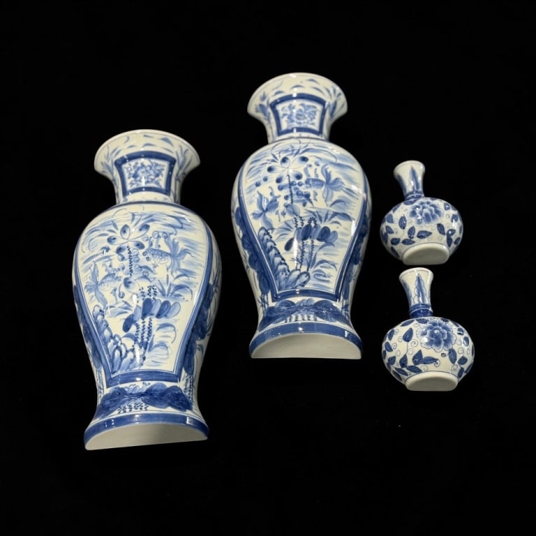(4) Four Blue + White Porcelain: (4) Four Blue + White Porcelain. Measures 15 inches high. Smaller Vases 5 1/2 inches high