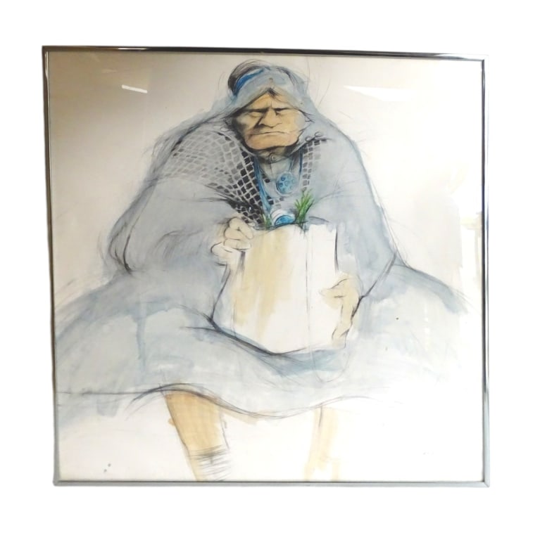 Watercolor "Old Woman with Bag" Signed Doyle '75: 1975 Watercolor on paper "Old Woman with Bag". Signed and dated Doyle '75 lower right. Framed and under plexi-glass. Good condition, consistent with age. Measures 39" x 39", frame measures 40-1/2" x 4
