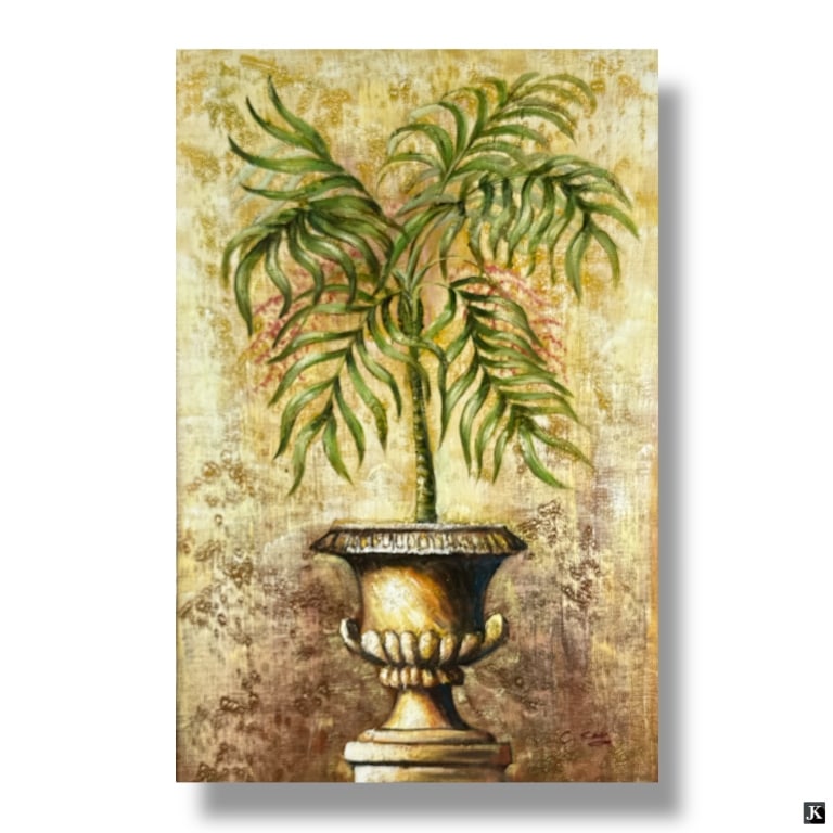 Decorative Framed Acrylic on Canvas "Potted Palm": Decorative Framed Acrylic on Canvas "Potted Palm". Signed lower right. Good condition. Measures 36" x 24", frame measures 40-1/2" x 28-1/2". Keywords: decorative palm painting, framed acrylic artwork,