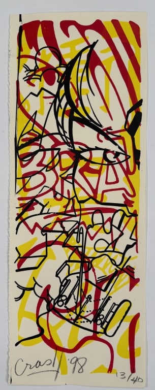 John 'Crash' Matos (b. 1961) Signed Serigraph: John 'Crash' Matos, American (b.1961) signed serigraph "Brat". Signed and dated '98 lower left and numbered 13/40 lower right. Minor wear along the edges of the work, otherwise in good condition. Meas