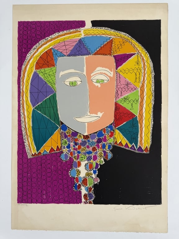 Gloria Vanderbilt (1924-2019) AP Signed Lithograph: Gloria Vanderbilt, American (1924-2019) artist proof signed lithograph "Egyptian Head". Signed lower right and numbered 'AP XXXVI/L' lower left. Signed in pencil. Some minor wear along the edges of th