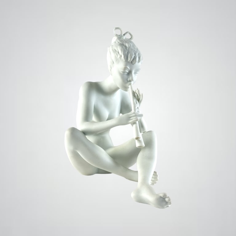 Vintage Kaiser Bisque White Porcelain Nude #385: Vintage Kaiser Bisque White Porcelain Nude #385 "Flute Player". Stamped on bottom. Some signs of age and wear, otherwise in good condition. 7 1/4"H. 102871 9A