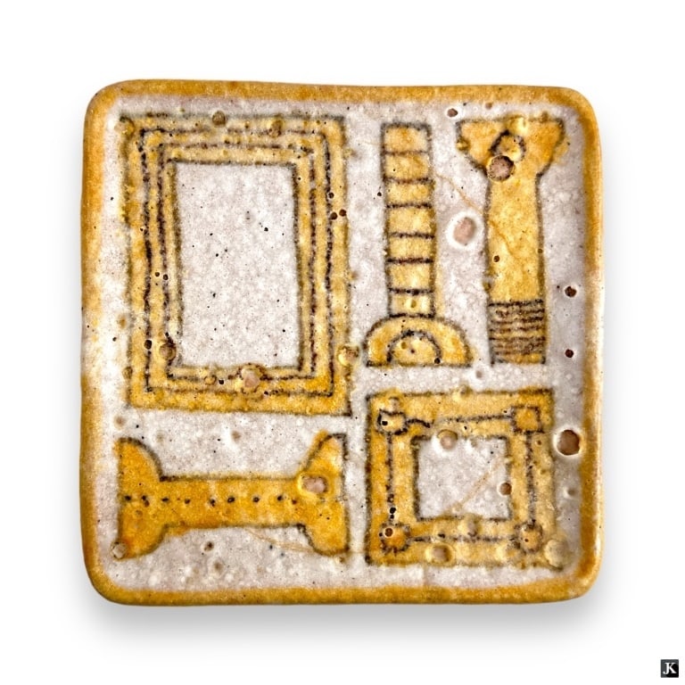 Guido Gambone (ITALY 1909-1969) Ceramic Plate: Guido Gambone (ITALIAN, 1909 - 1969) hand painted ceramic plate depicting yellow columns and picture frames. Hallmarked to bottom. Measures approx. 5 1/8" length x 5 1/8" width. Shows some firing mark