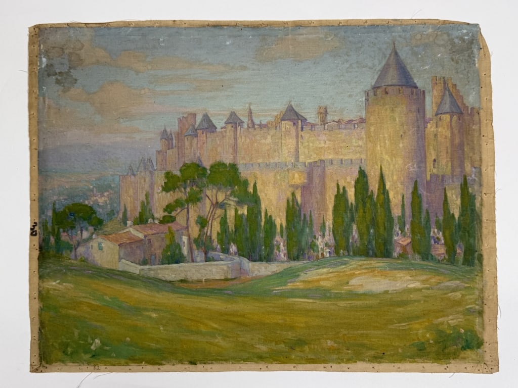 Artist Unknown Oil/Canvas: Artist unknown oil on canvas "Castle Scene". Unsigned and unframed. Wear along the edges of the canvas and some paint loss present, otherwise in good condition. Measures 20 3/4" x 27 3/8" 1A