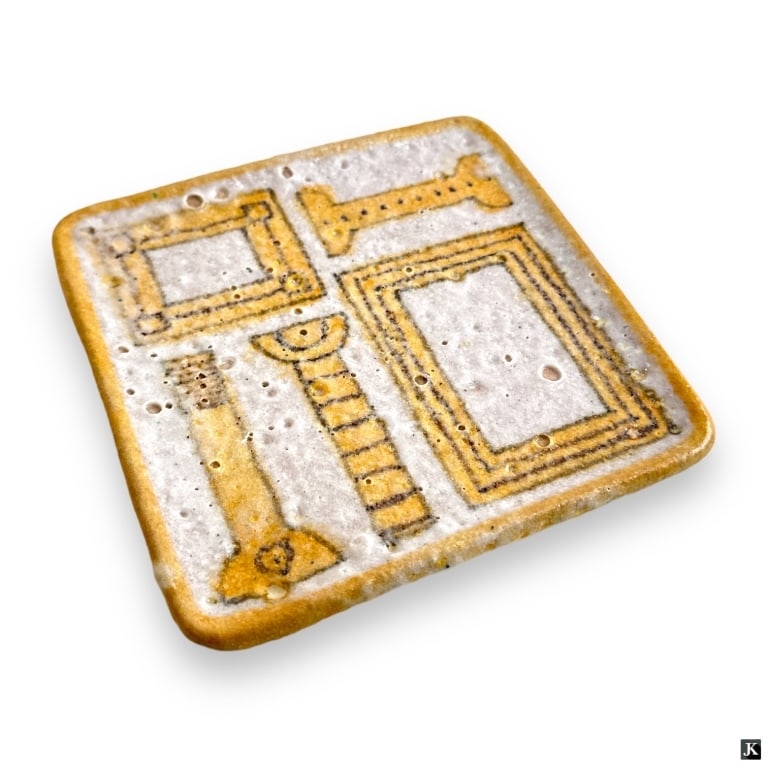 Guido Gambone (ITALY 1909-1969) Ceramic Plate: Guido Gambone (ITALIAN, 1909 - 1969) hand painted ceramic plate depicting yellow columns and picture frames. Hallmarked to bottom. Measures approx. 5 1/8" length x 5 1/8" width. Shows some firing