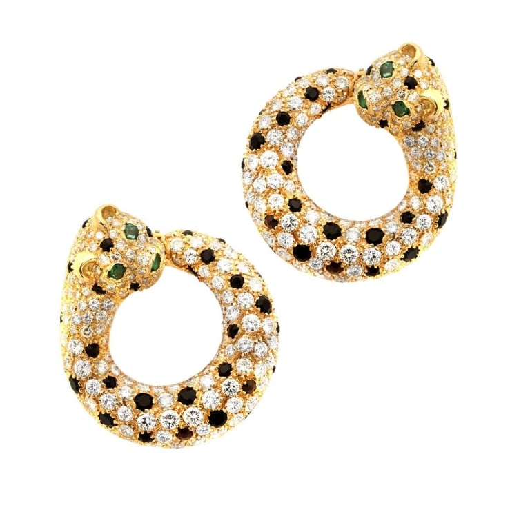 Panther Hoop Earrings: Panther Hoop Earrings – 18K Yellow Gold & 11.00 Ct Diamonds with Emerald Eyes SKU: 47494 Indulge in the exquisite allure of the Panther Hoop Earrings, a striking piece crafted in luxurious 18K