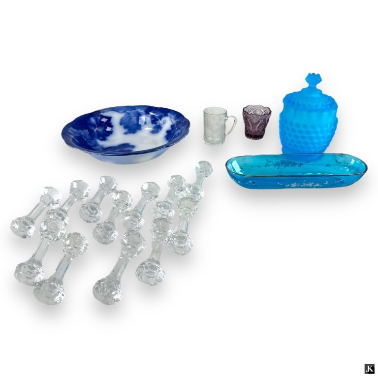Assorted Table Top Items: A collection of Assorted Table Top Items. Includes: flow-blue bowl 10" dia, 12 crystal knife rests 3-3/4", enameled oval bowl 9-1/2" L, covered jar 6-1/2" H, miniature beer mug 2-3/4", toothpick holde