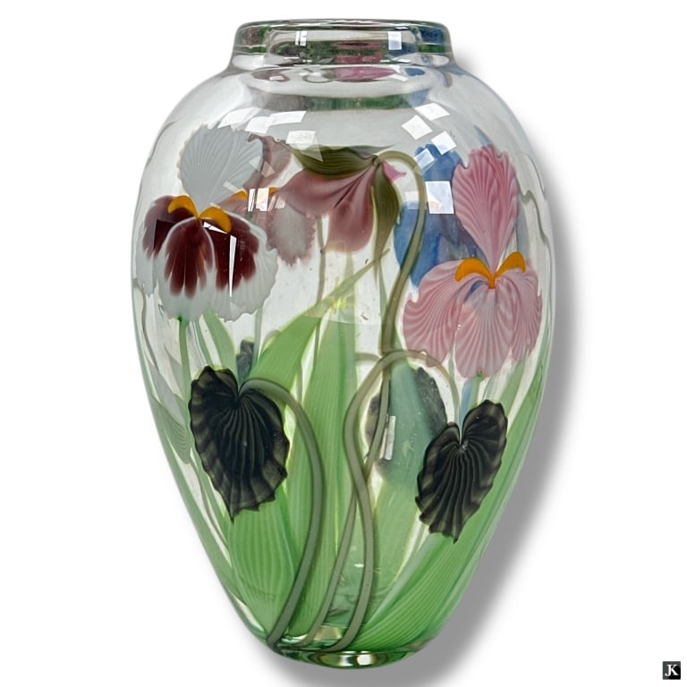 Orient & Flume Ed Alexander Paperweight Iris Vase: Orient & Flume Ed Alexander Paperweight Iris Vase. Signed and numbered 86/300. Original box and paperwork included. Vase is in very good condition, measures 8-1/2" H. 33541 10B