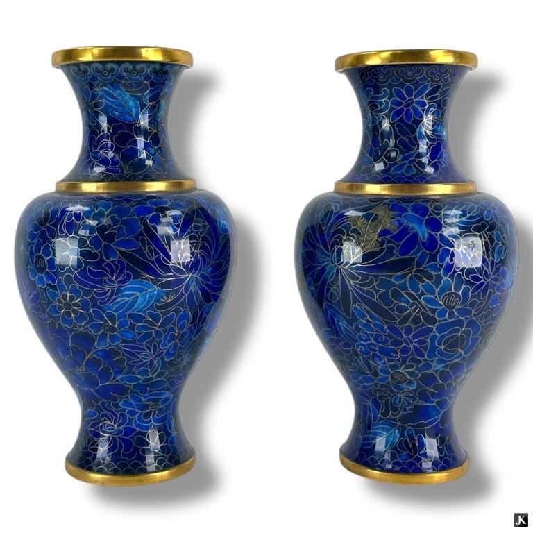 Chinese Cloisonne Vases: Chinese Cloisonne Vases, Blue Flower. Measures 9 inches high. In good condition. 73878 10B