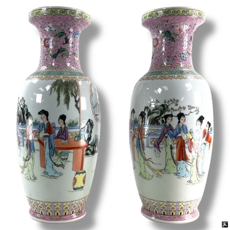 Pair of Chinese Export Famille Rose Vases: A pair of Chinese export Famille Rose Vases. Measures 23 1/2 inches high porcelain. Good condition. 73874 10B