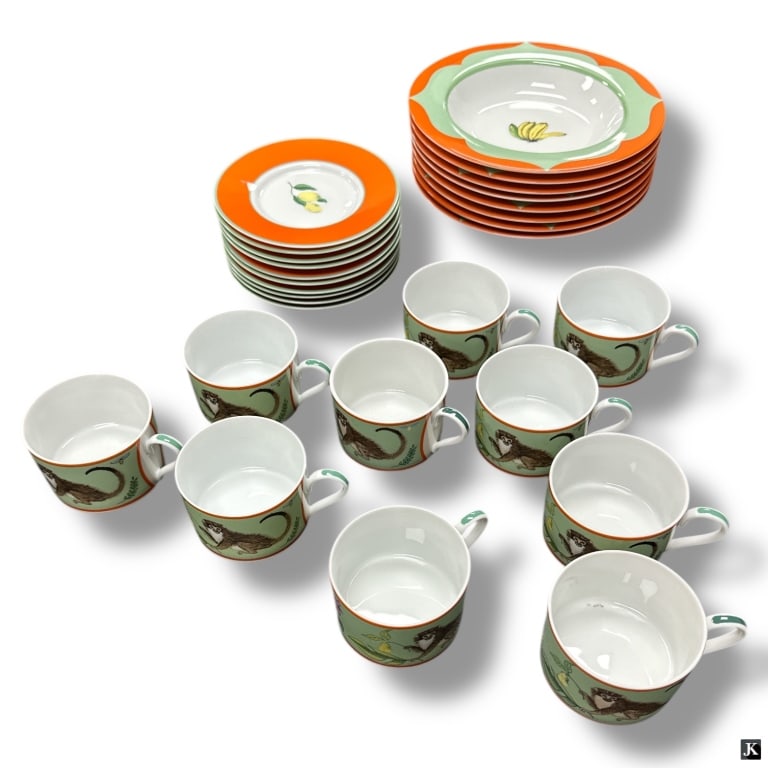 Set of Lynn Chase Tableware 28pc: 10 Cups - Monkey Business - Lynn chase 2 inches high 8 Bowls Banana Measures 9 inches dia. 10pc Lemons, small plate. Measures 6 1/2 inches 73808 10B