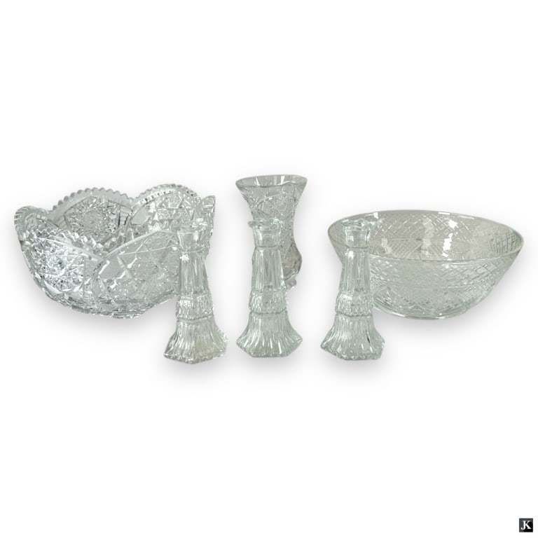 Cut Glass Tableware Lot: Cut Glass Tableware 6 pc Lot. Includes: large Brilliant style bowl, unsigned, small losses,6" H x 10"; Brilliant style vase, unsigned, losses, 6-1/4" H; 3 candleholders, marked Canada, 6", good