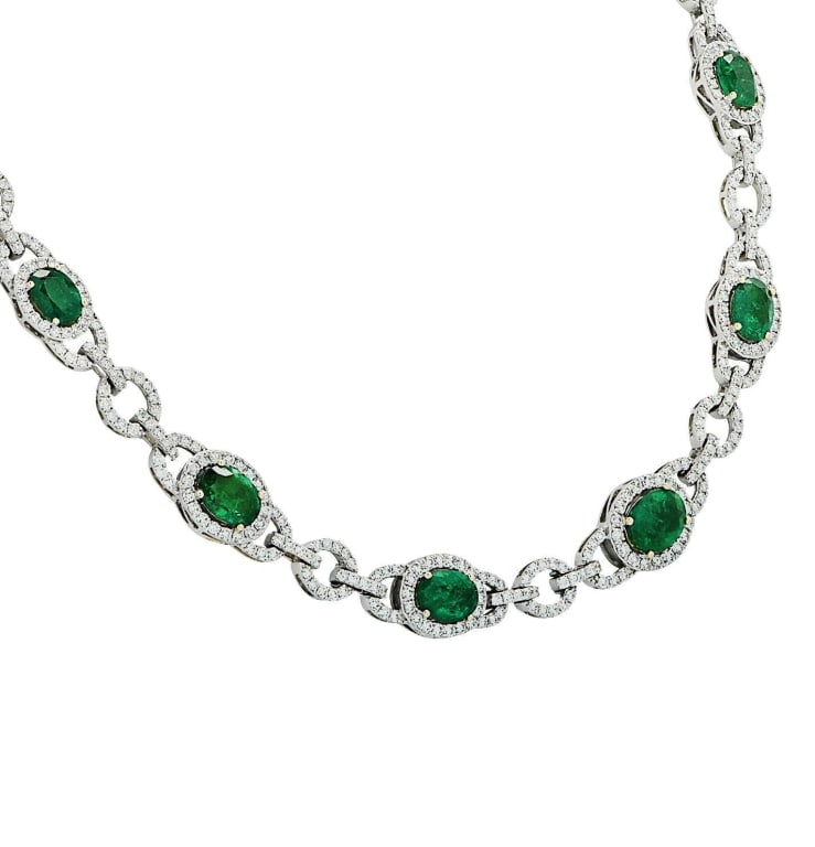 18K White Gold Diamond And Emerald Necklace: 18K White Gold Diamond And Emerald Necklace, 12.28 Carats Emeralds, 7.92 Carats Diamonds, V5634 SKU: 45634 Indulge in the exquisite elegance of the Diamond and Emerald Necklace - V5634, a masterpiece