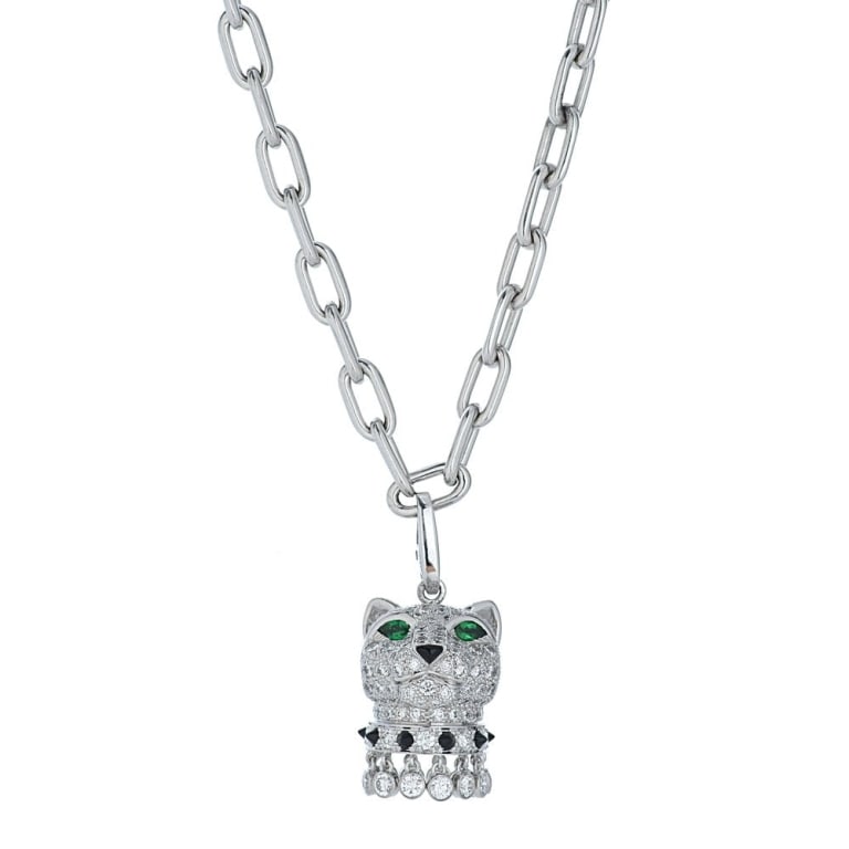 Panthère De Cartier 5 Carat Diamond Necklace: Panthère De Cartier 5 Carat Diamond Necklace - 18K White Gold, Emerald Eyes, Onyx Nose SKU: 45680 Introducing the exquisite Panthère De Cartier 5 Carat Diamond Necklace, a stunning piece of luxury j