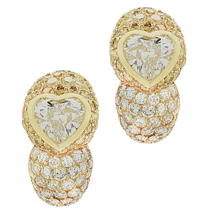 Andre Vassort 4.09 Carat Diamond Earrings: Andre Vassort 4.09 Carat Heart Shape Diamond Bombe Earrings in 18K Yellow Gold SKU: 46623 Discover the epitome of luxury with the Andre Vassort 4.09 Carat Heart Shape Diamond Bombe Earrings. Crafted b
