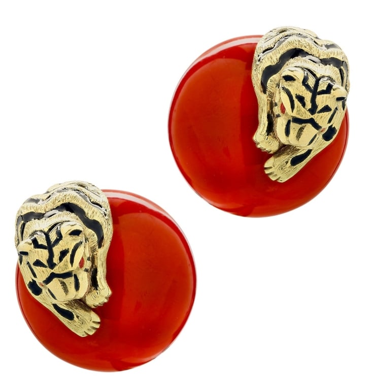 David Webb 18K Gold Coral & Ruby Tiger Earrings: David Webb 18K Gold Coral & Ruby Tiger Earrings with Black Enamel - Luxurious Statement Jewelry SKU: 47169 Introducing the stunning David Webb Italian Coral & Ruby Tiger Earrings, an extraordinary