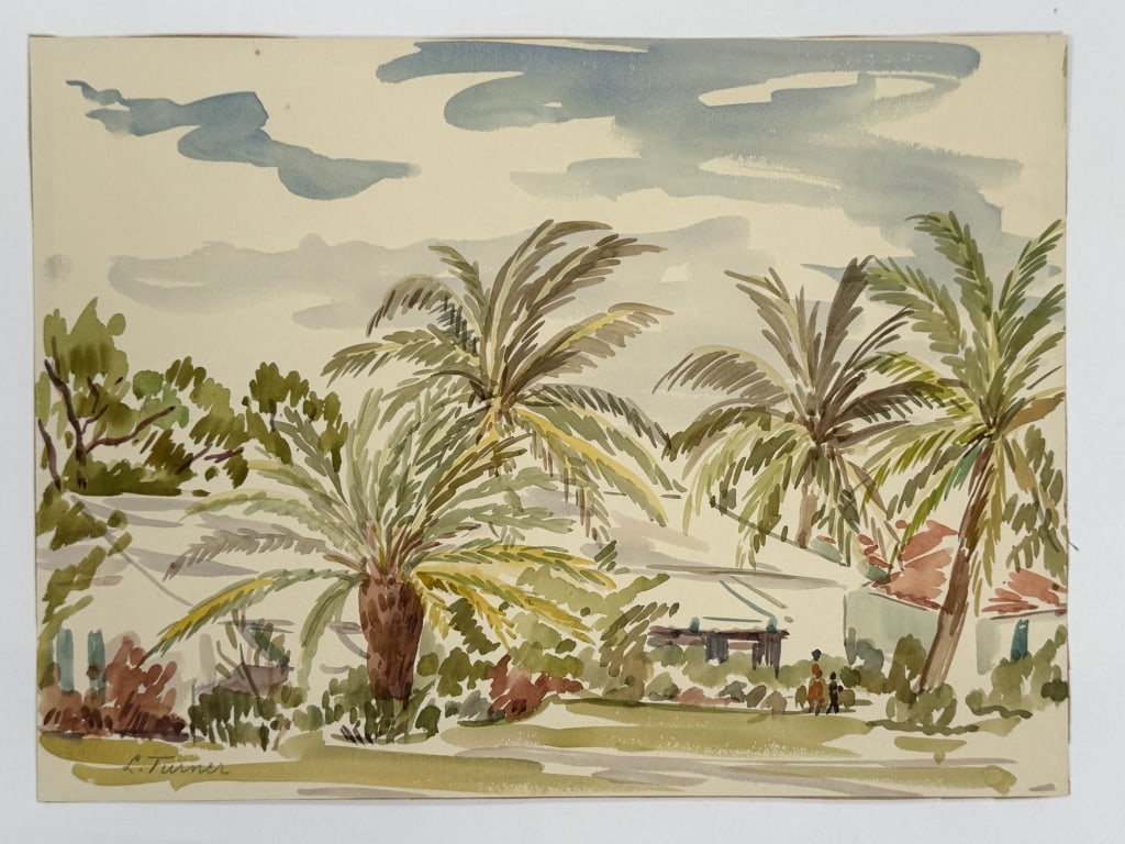 L. Turner (20th c.) Watercolor/Paper: L. Turner (20th c.) watercolor on paper "Date Palm". Signed lower left, titled verso. Very minor wear along the edges of the work, otherwise in good condition. Measures 11 1/2" x 15 3/4" 1A