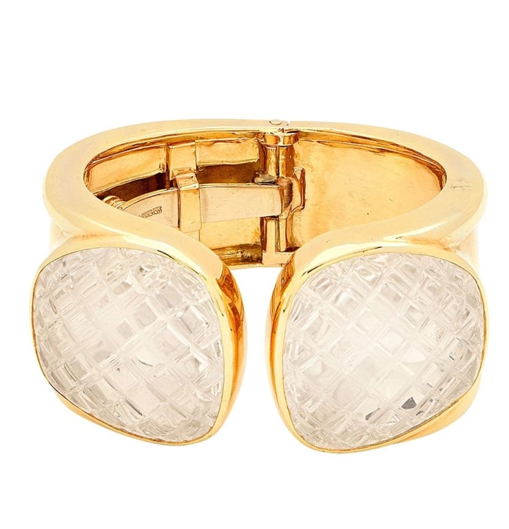 David Webb 18K Gold & Platinum Cuff Bangle: David Webb 18K Yellow Gold & Platinum Rock Crystal Cuff Bangle with Cross-Hatched Design SKU: 48551 Introducing the exquisite David Webb Rock Crystal Cuff Bangle, a powerful fusion of opulence and