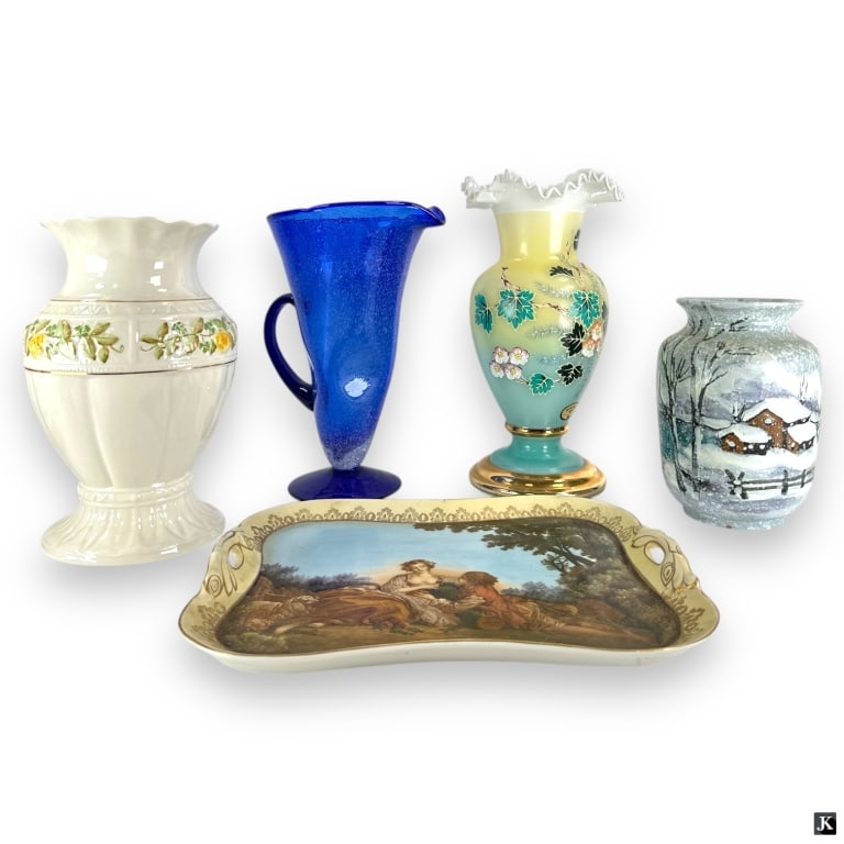 10 Pcs Assorted Ceramic Tablewares: 5 Pcs Assorted Tablewares. Lot includes: transferware platter, hand painted ruffled vase, hand painted Italian pottery vase, cobalt glass pitcher, Belleek Vase. Tallest piece - ruffled vase Measures 1