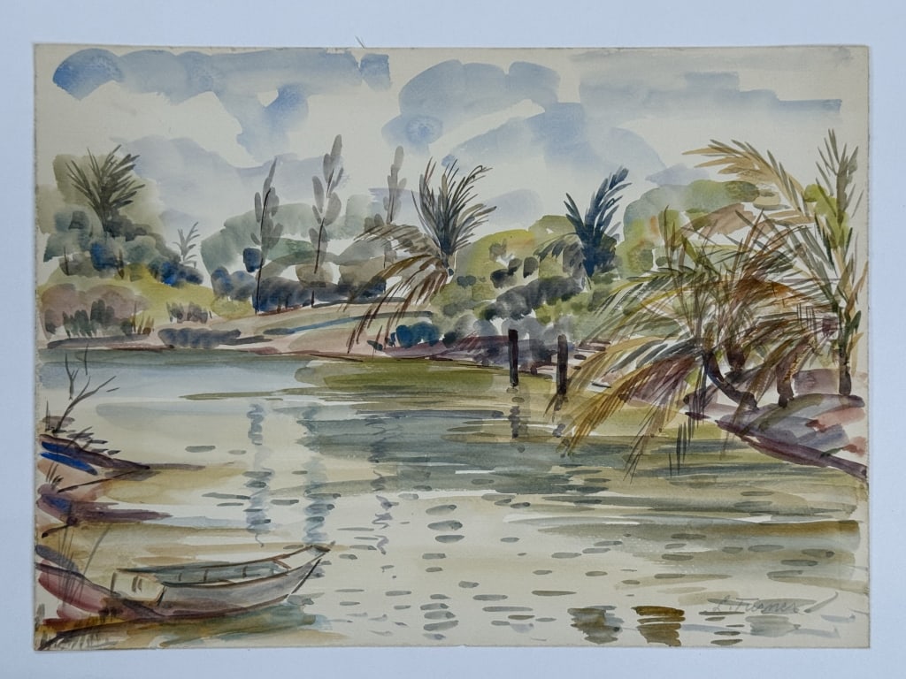L. Turner (20th c.) Watercolor/Paper: L. Turner (20th c.) watercolor on paper "River Scene". Signed lower right. Minor wear along the top edge of the work, otherwise in good condition. Measures 10 3/4" x 14 7/8" 1A